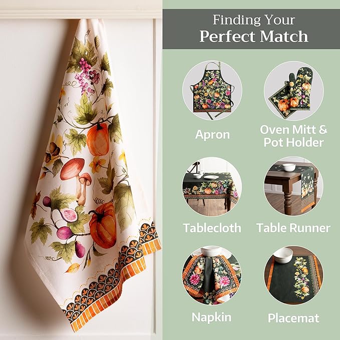 Maison d' Hermine Kitchen Towels Set of 3 100% Cotton 20" x 27.5" Reusable Cloth Tea Dish Towels Absorbent with Hanging Loop for Dining Thanksgiving Christmas Decorations (Pumpkin Garden - Dark Green)