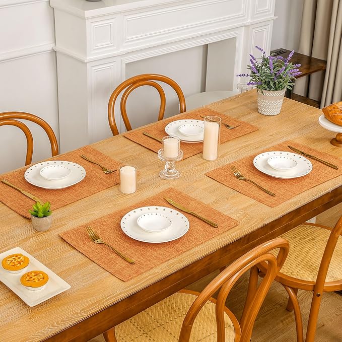 SHACOS Fabric Placemats Set of 6 Washable Heat Resistant Place Mats Non Slip Thick Cloth Placemats Reversible Table Mats Indoor Outdoor Home Wedding Table Decor, Orange