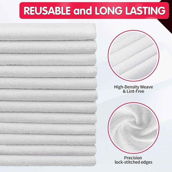 FIXSMITH White Microfiber Cleaning Cloth, Pack of 50, 16"X12" Cleaning Rags for Housekeeping and Kitchen, Reusable Shop Towels, Microfiber Towels for Cars, Lint Free, Scratch-Free, Highly Absorbent