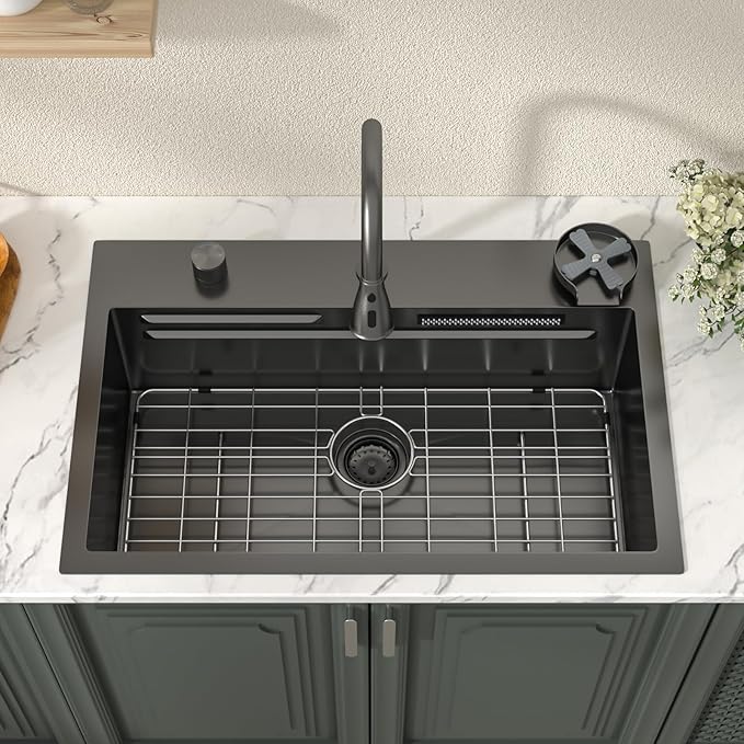 Lordear 31 Black Drop in Waterfall Kitchen Sink -31"x20" Drop In Kitchen Sink Ledge Workstation Gunmetal Black 16 Gauge Single Bowl Topmount Handmade Sinks with Pull Out Faucet