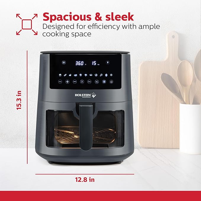 Holstein Housewares 7.6QT Digital Air Fryer with viewing window and led display with 7 preset options. Fry, bake, grill, dehydrate, and roast healthier recipes. Dishwasher Safe