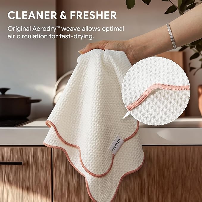 RECYCO Waffle Kitchen Towel Set of 2 - Quick Dry Microfiber Sustainable Dish Towels - Ultra Absorbent Reusable Cleaning Tea Towels - Lightweight Hand Towels,16”x 28”, Coral Pink