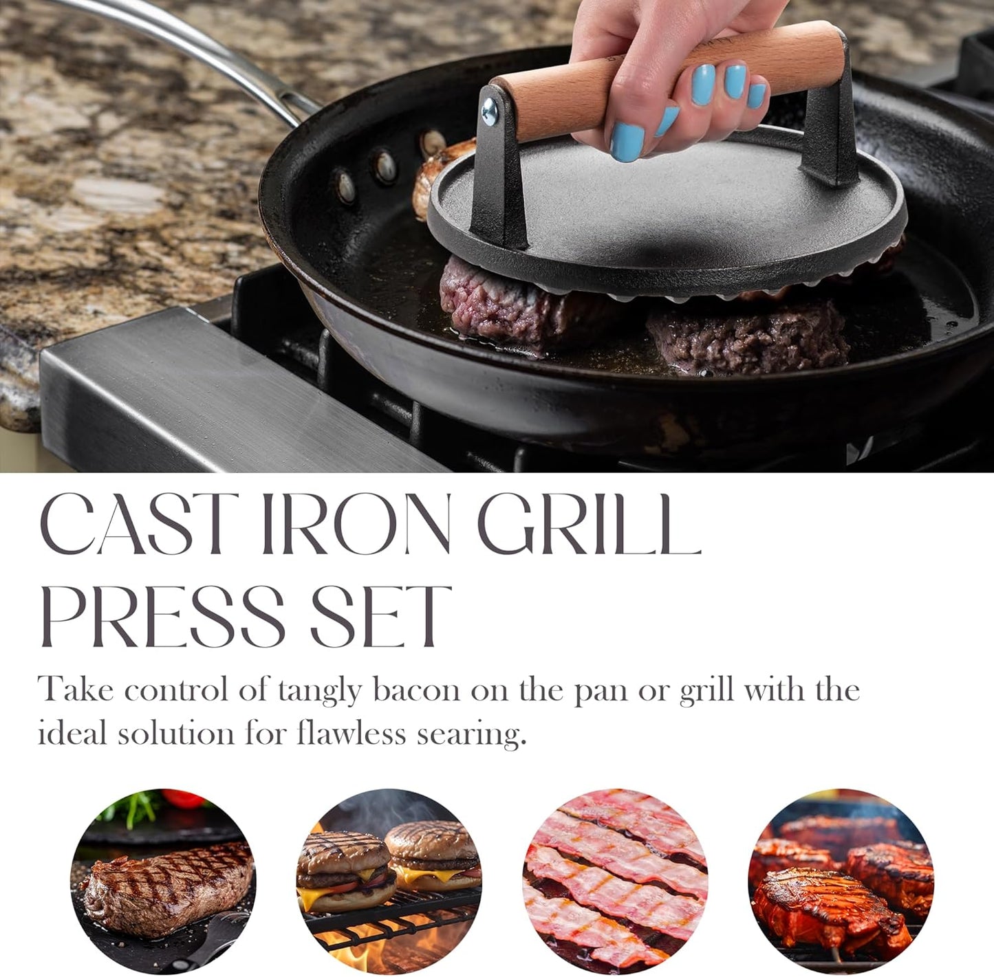 Bellemain Heavy-Duty Cast Iron Grill Press Set – Perfect Smash Burger Press & Steak Tool with Ergonomic Wood Handle for Pro-Level Searing on Griddle, Skillet, or BBQ