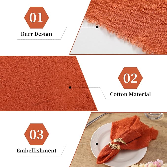 Handmade Cloth Napkins with Fringe, 100% Cotton Napkins, Delicate Handmade Linen Napkins for Dinners, Parties, Weddings and More, 17 x 17 Inch Set of 12 - Orange