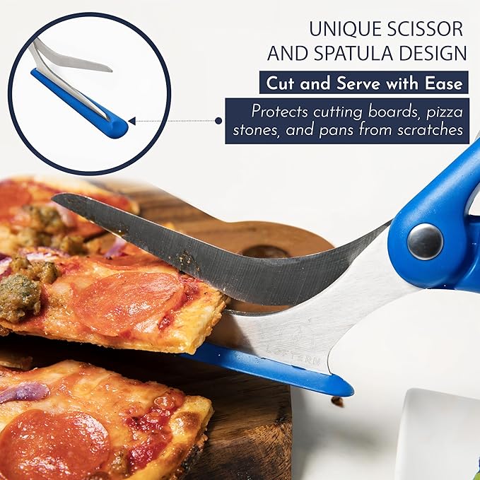 Loftern Blue Pizza Scissors - Non-Stick Pizza Scissors with Firm Grip Base - Food Grade Stainless Steel Pizza Cutter - 5-in-1 Food Slicer & Pizza Server - Durable, Safe & Mess Free