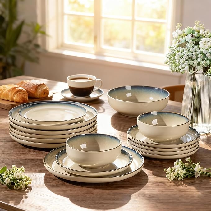 GBHOME Ceramic Dinnerware Sets for 8, 24 Pieces Stoneware Plates and Bowls Sets, Reactive Glaze Dishes -Scratch Resistant, Dishwasher&Microwave Safe, Pale Khaki