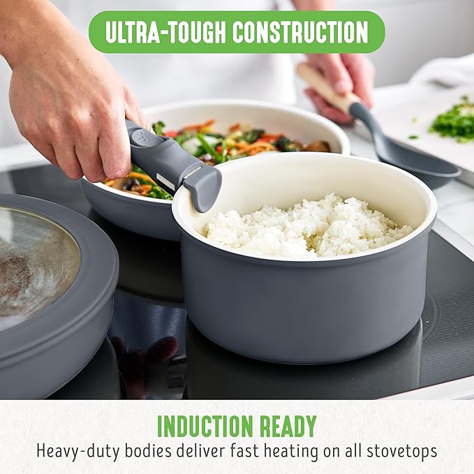 GreenLife 10 Piece Nonstick Pots & Pans Set, Detachable Handle & Stackable Cookware Set, Non Toxic PFAS-Free Skillets, Induction Kitchen Pans, Space Saving, Serving Bowls, Oven Safe, Graphite