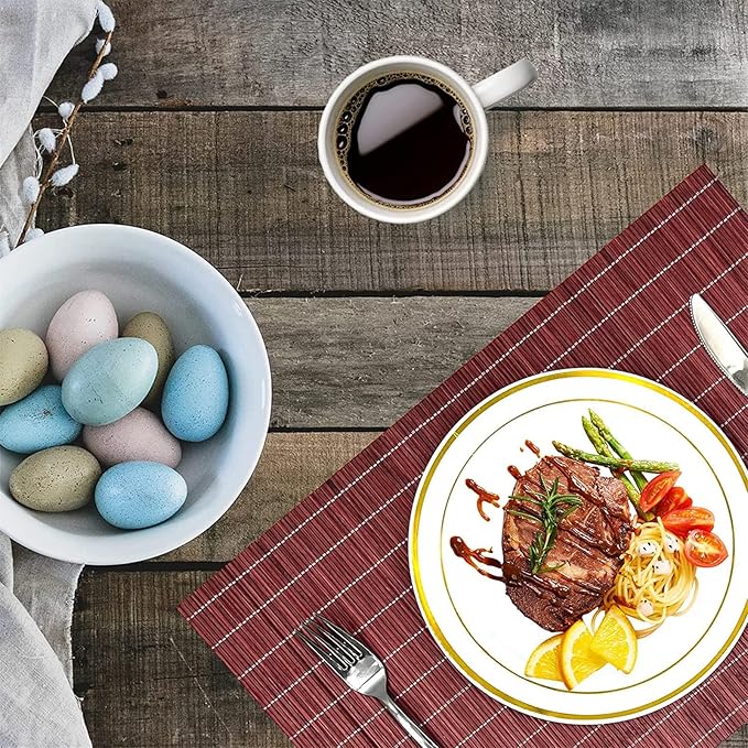 ANDSTAR Set of 8 Pcs Bamboo Placemats Natural Anti-Slip Bamboo Placemats Washable Heat-Resistant Table Mats for Dining Room and Kitchen （Red）