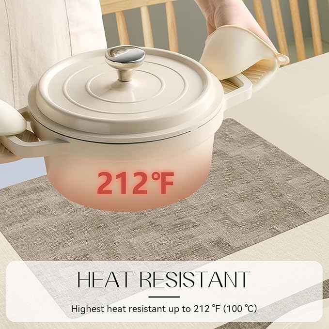 Romanstile Reversible Vinyl Placemats Set of 6, Faux Leather 100% Waterproof Oil-Proof Wipeable Place Mats, Heat Resistant Dual Sided Table Mats for Kitchen/Dining/Party (Grey Khaki, 12 x 17 Inch)