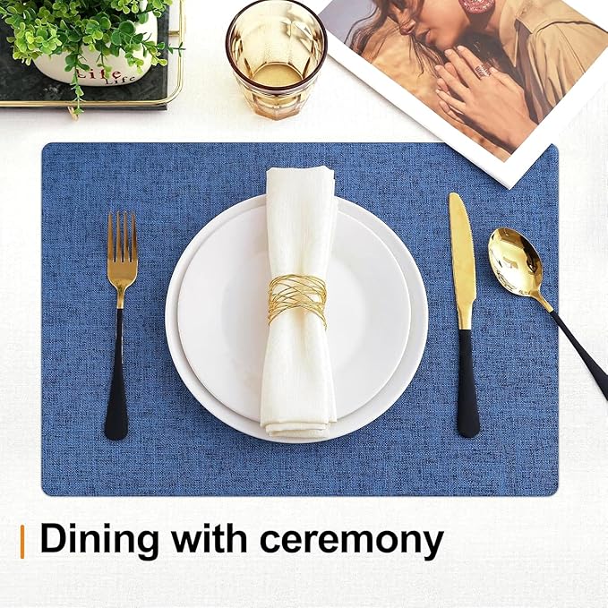 Homaxy Cloths Placemats for Dining Table Set of 6, Heat Resistant Washable Cotton Linen Blend Table Mats, Easy to Clean Place Mats for Indoor Outdoor Party Kitchen Decoration, 13" x 18", Blue