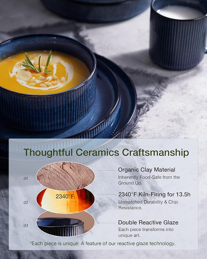 Famiware Star Dinnerware Set with Mugs, Service for 4 (16pcs), Ribbed Stoneware Plates and Bowls Dishes Sets - Chip & Scratch Resistant, Microwave & Dishwasher Safe, Nebulas Blue