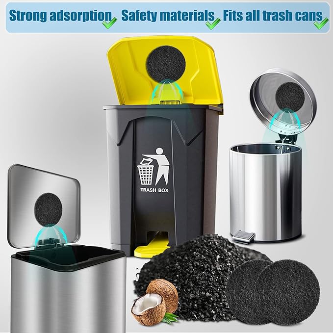12-Pack Universal Stick-on Trash Can Odor Absorbing Filters, Thick Design Activated Charcoal Purifying Deodorizer for Trash Cans, Compost Buckets, Countertop and Recycle Bins (Round)