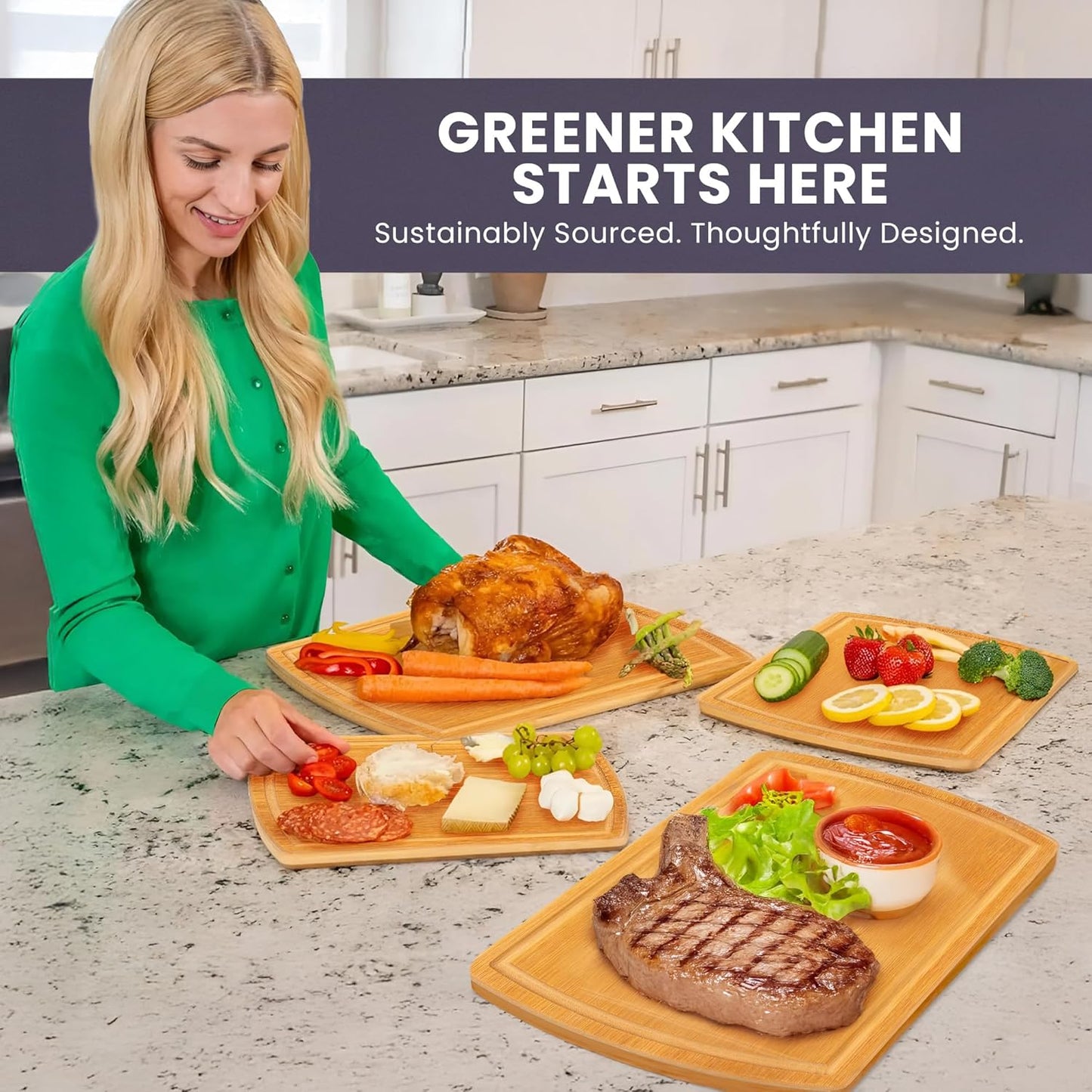 Extra Large Bamboo Cutting Board Set of 4 – Wood Cutting Boards for Kitchen with Glue-Free Surface™ & Juice Groove – Non-Toxic Wooden Chopping Boards, FSC-Certified, Durable Carving Boards