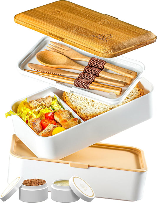 Umami Bento Box Adult All-In-1 w/4 Utensils, 2Sauce Jars, 2 Dividers, 100% Leakproof, Microwave & Dishwasher Safe, Stackable Bento Lunch Box Containers for Men/Women, White & Tan