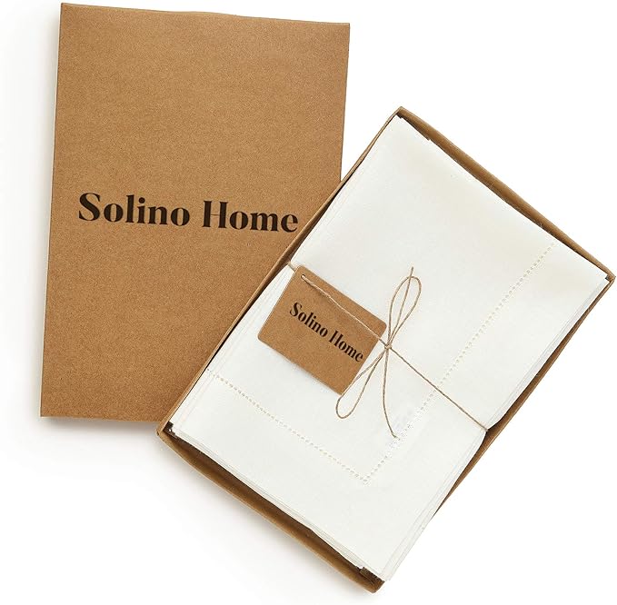 Solino Home Ivory Linen Napkins Set of 4-100% Pure Linen Hemstitch Dinner Napkins 20 x 20 Inch for Fall, Autumn, Thanksgiving, Christmas, Holiday - Classic Hemstitch