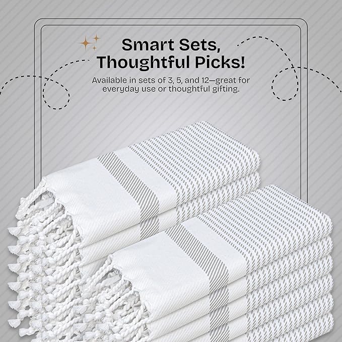 Ash Grey Turkish Kitchen Towels 16x26 Inch, 5 Pack, 100% Cotton, Ultra Absorbent, Soft, Fast Dry, Machine Washable, Dish Towel with Tassels for Drying Dishes, Cleaning, Everyday Use