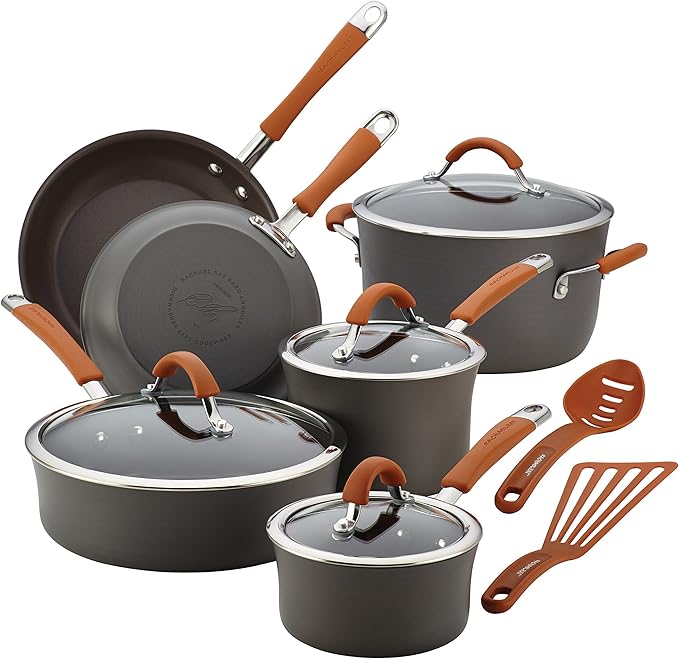 Rachael Ray Cucina Dishwasher Safe Hard Anodized Nonstick Cookware Pots and Pans Set, 12 Piece, Gray with Orange Handles & Cucina Nonstick Bakeware Set, 10 Piece, Latte Brown with Cranberry Red Grips