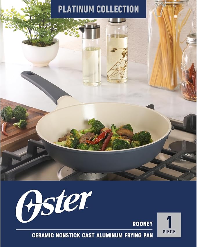 Oster Platinum Rooney 10 Inch Durable & Light Cast Aluminum Frying Pan Skillet w/PFA Free Ceramic Nonstick Interior Cookware Chef's Pan, Omelet Pan - Induction - Grey
