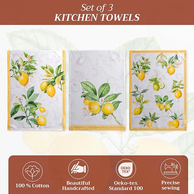 Maison d' Hermine Kitchen Towels Set of 3 100% Cotton 27.50" x 20" Reusable Cloth Tea Dish Towels Absorbent with Hanging Loop for Kitchen, Home, Dining, Cocktail Parties Spring/Summer (Limoncello)