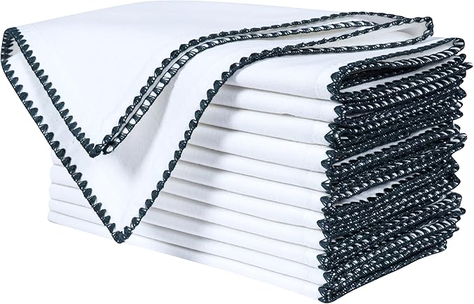 Bedding Craft Cotton Cloth Dinner Napkins Set of 12 – 18x18 Magical Forest Green Napkins with Colored Edge Embroidery – Durable Reusable Wedding Napkins for Dining Table Décor, Banquets & Restaurants