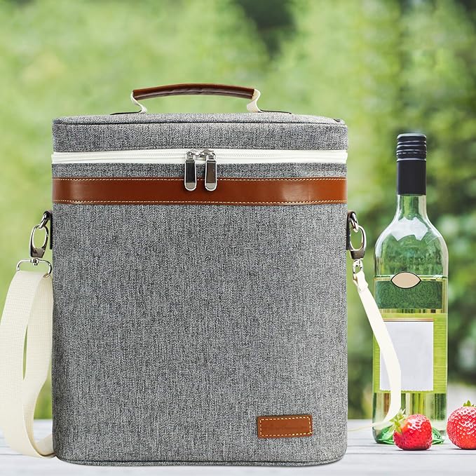 3 Bottle Insulated Wine Tote Carrier Bag, Portable Travel Padded Wine Cooler - Corkscrew Opener, Handle and Adjustable Shoulder Strap, Wine Lover Travel Picnic Party Wedding Wine Tote Grey