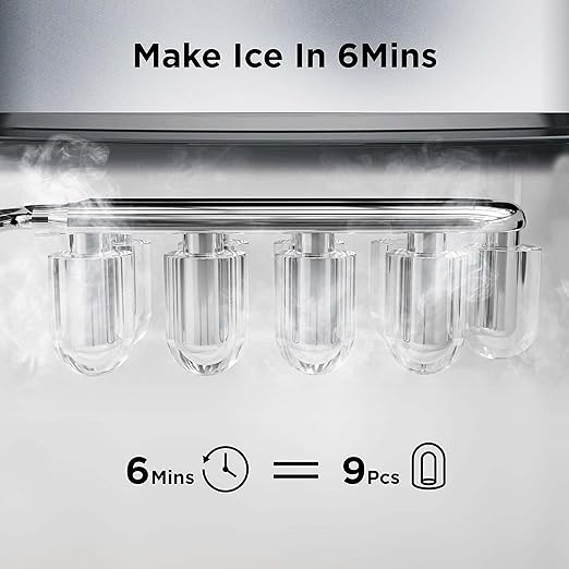 Silonn Ice Makers Countertop, 9 Cubes Ready in 6 Mins, 26lbs in 24Hrs, Self-Cleaning Ice Machine with Ice Scoop and Basket, 2 Sizes of Bullet Ice for Home Kitchen Office Bar Party, Sliver
