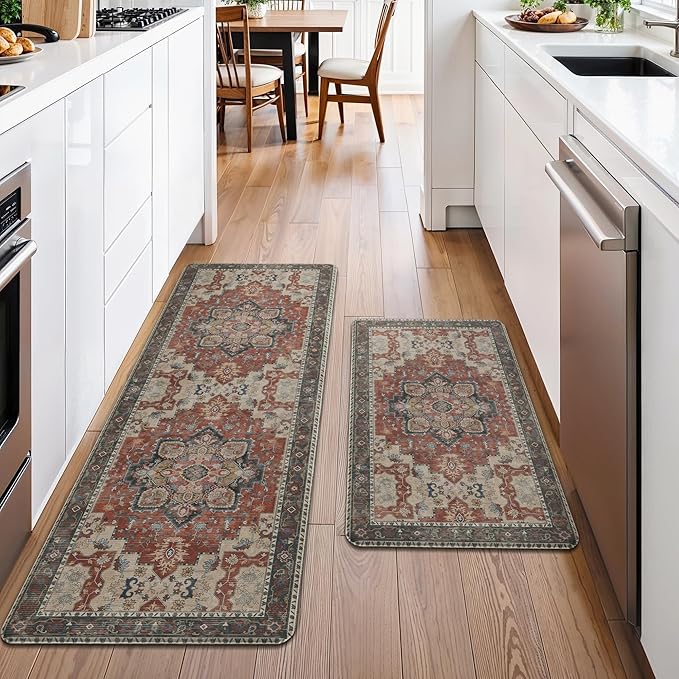 GENIMO Kitchen Mats for Floor 2PCs, Washable Anti Fatigue Mat for Cushioned, 17.3"x47"+17.3"x30", Waterproof Kitchen Rugs, Non Slip Comfort Standing Mat Rug for Home, Sink, Laundry, Bordeaux