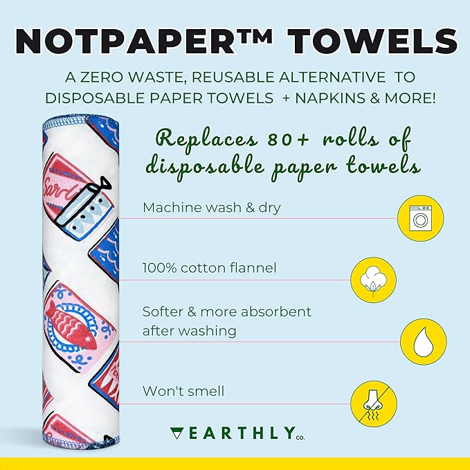 Reusable Paper Towels - 10 PACK - Roll of Washable Cotton Cloth Paper Towels - Paperless Reusable Napkins Cloth Washable - Absorbent + Long Lasting - Zero Waste Products - (Sardine Social)