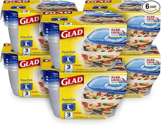 Glad GladWare Deep Dish Food Storage Containers, Large Rectangle - Meal Container Holds up to 64 Ounces of Food - Lock Tight Seal, 3 Count - 6 Pack