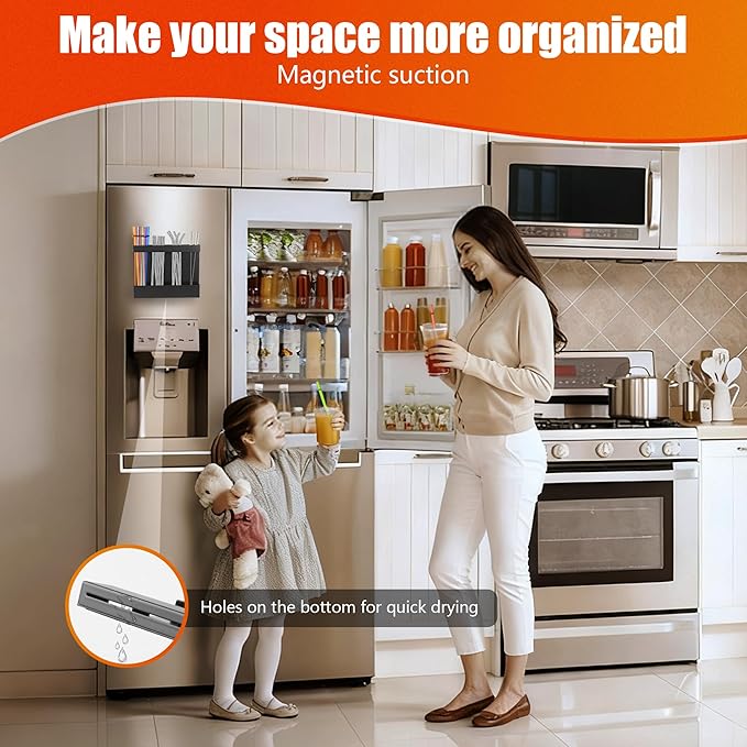 Magnetic Straw Organizer for Cabinet Door – Carbon Steel Straw Holder with Drain Holes, 4-Compartment Utensil Storage Rack for Reusable Straws, Spoons, and Coffee Bar Accessories