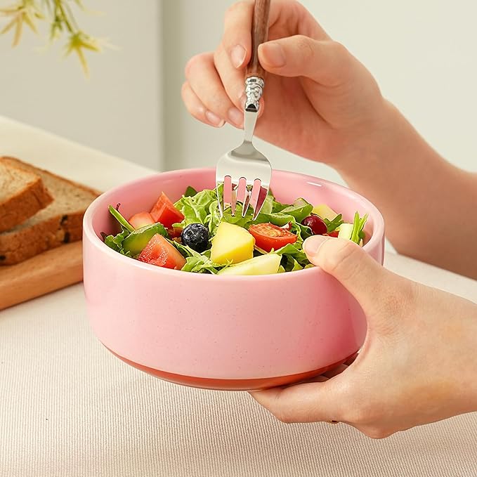 Stoneware Cereal Bowls Set of 4, 6 Inch Deep Bowl for Oatmeal, Soup, Ceramic Bowls Sets, Microwave Safe, Dishwasher Safe, Versatile for All Seasons, Pink