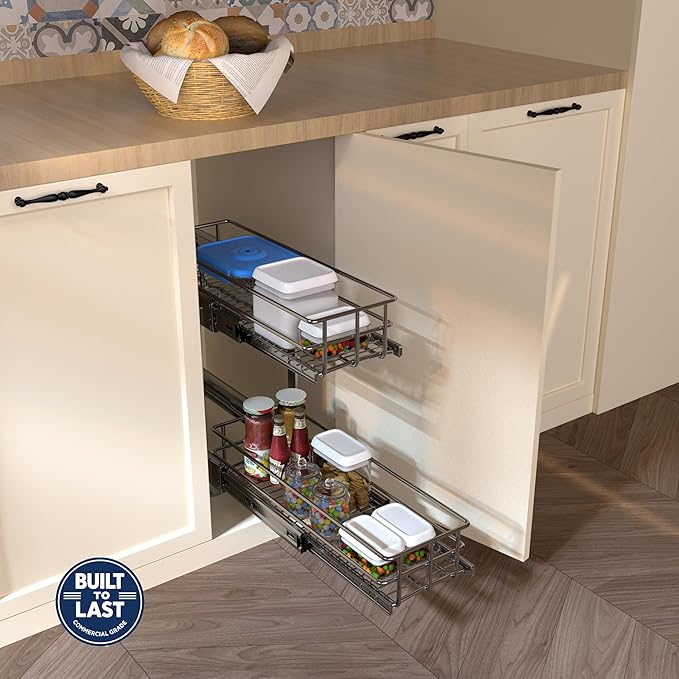 2-Tier Cabinet Pull Out Shelves (7.5" W x 22" D), Slide Out Shelves for Kitchen Cabinets, Metal Pots and Pans Organizer for Under Cabinet