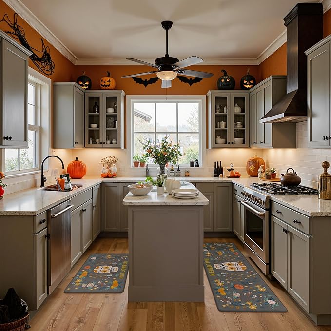 GENIMO Halloween Decorations - Kitchen Mats for Floor, 2PCS Kitchen Rugs, Cushioned Anti Fatigue Mat for Home Decor, Waterproof Non-Slip Comfort Standing Mat for Laundry, 17.3"x59"+17.3"x30", Grey