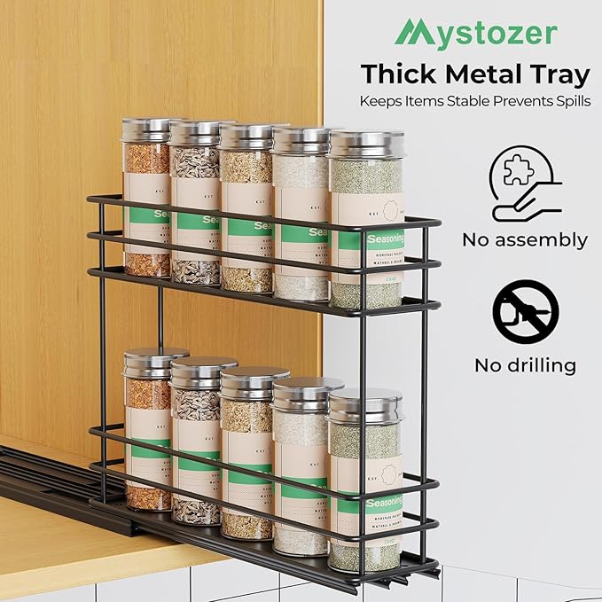 Pull Out Spice Rack Organizer for Cabinet, Slide Out Spice Racks, Easy to Install Spice Cabinet Organizer, 2.1''Wx10.35''Dx8.26''H, 1 Drawers 2 Tiers（Black）