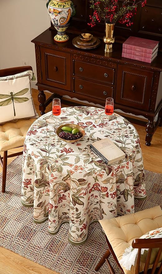 French Tablecloth for Round Tables,Linen Table Cloth with Colorful Flowers Pattern,Heavy Durable Table Cover for Dining Thanksgiving Kitchen Decor Party Christmas,Diameter 55"