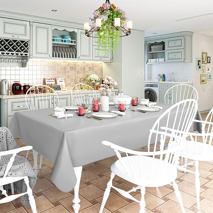 homing Rectangle Vinyl Tablecloth, Waterproof Spillproof Plastic Flannel Backed Table Cloth, Wipe Clean Table Cover for Dining, Buffet Parties and Camping (Light Grey, 60" x 120")