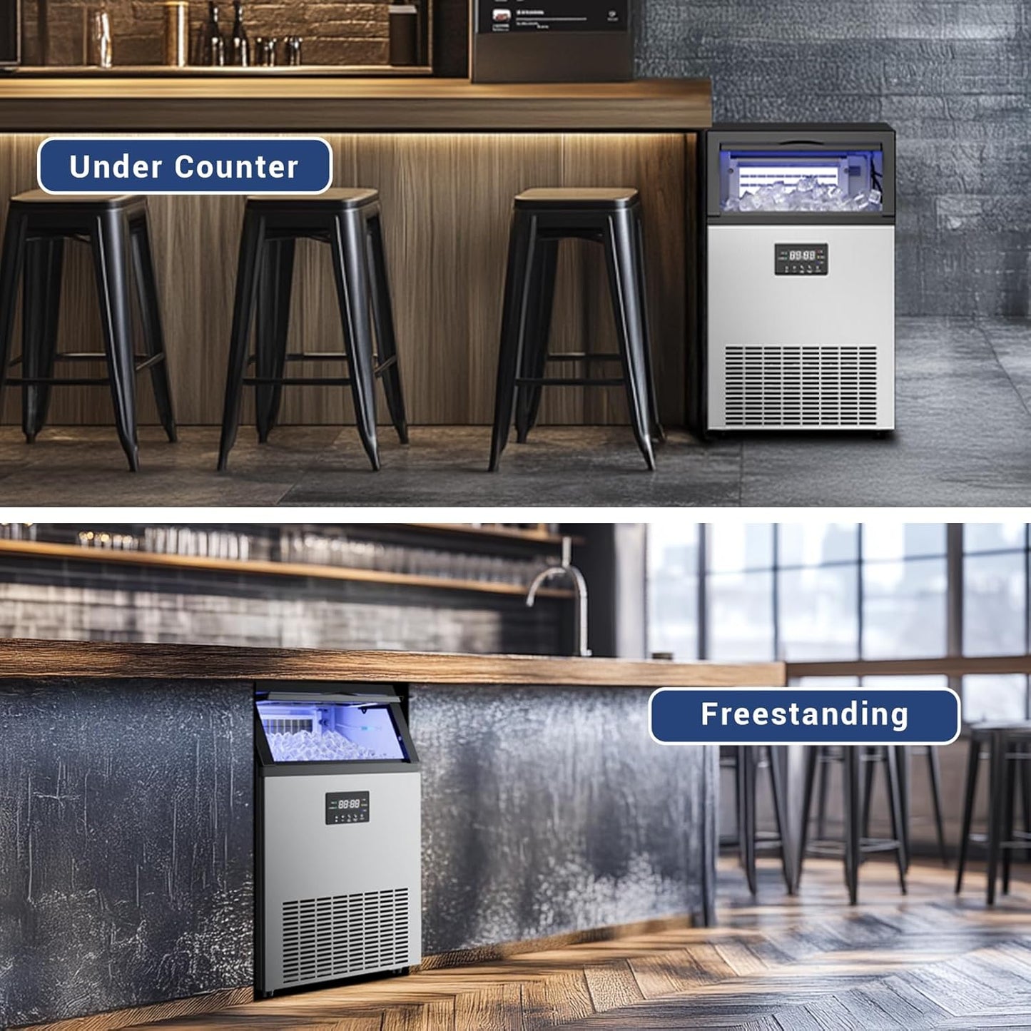 Commercial Ice Maker Machine 165Lbs/24H Stainless Steel Under Counter Ice Machine with 45lbs Ice Storage Capacity, Freestanding Ice Maker