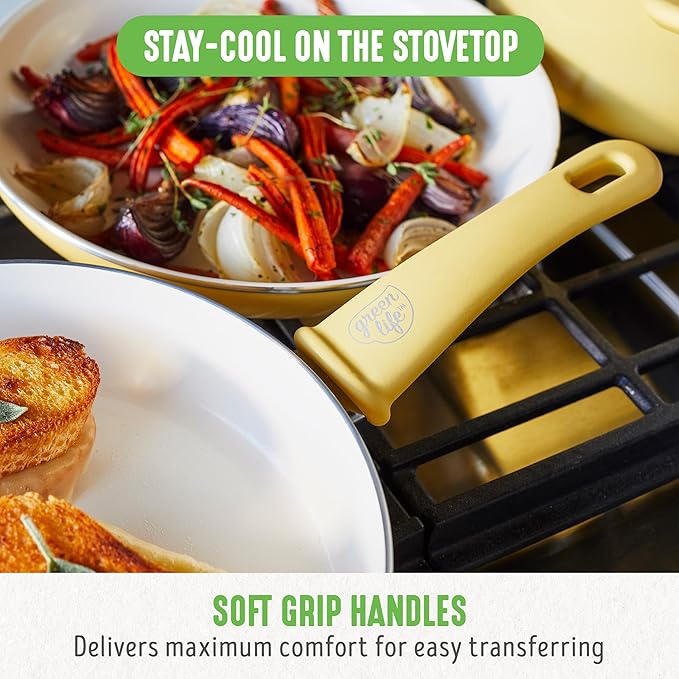 GreenLife 16 Piece Nonstick Cookware Set, Soft Grip Non-Toxic PFAS-Free Ceramic Pots & Pans, Dishwasher & Oven Safe, Frying, Sauce, Saute, Utensils, Glass Lids, Stay-Cool Handles, Wobble Free, Yellow