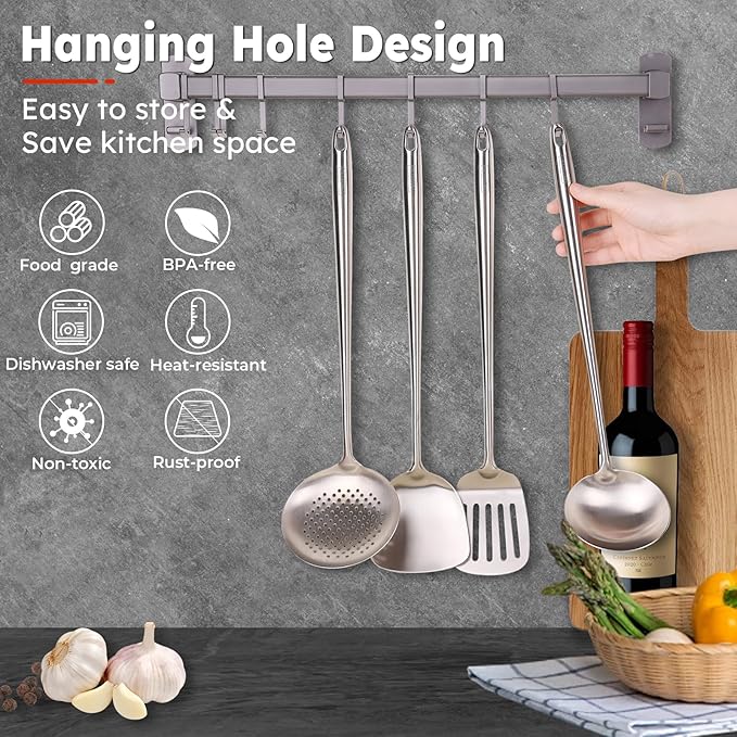 MARTE 17’’ Cooking Utensils Set，304 Stainless Steel Kitchen Spatula Set of 4,Heat Resistant Long Kitchen Utensil for Cooking，Wok Spatula, Soup Ladle, Slotted Spoon,Turner，BPA Free