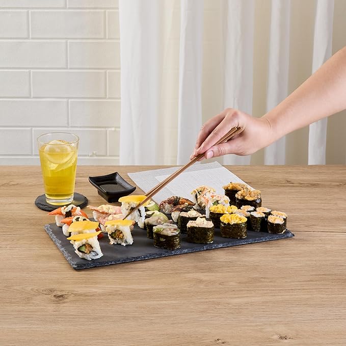 Restaurantware Slate Serving Tray 1 Pack of 15.7" x 7.8" Foam Feet Charcuterie Stone Plate Rustic Edges Freezable Black Serving Display Cheese Boards for Kitchen, Gourmet, Dining, Parties
