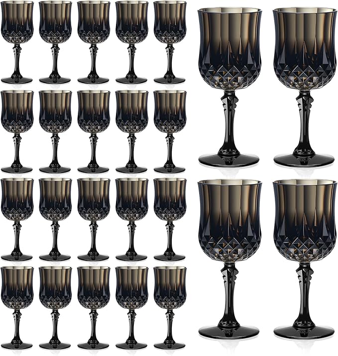 XUWAIDSGN 7oz Plastic Vintage Wine Glasses Drinking Glasses Unbreakable Wedding Glassware Crystal Water Goblets Reusable Drinkware Vintage Champagne Flutes (24, Black)