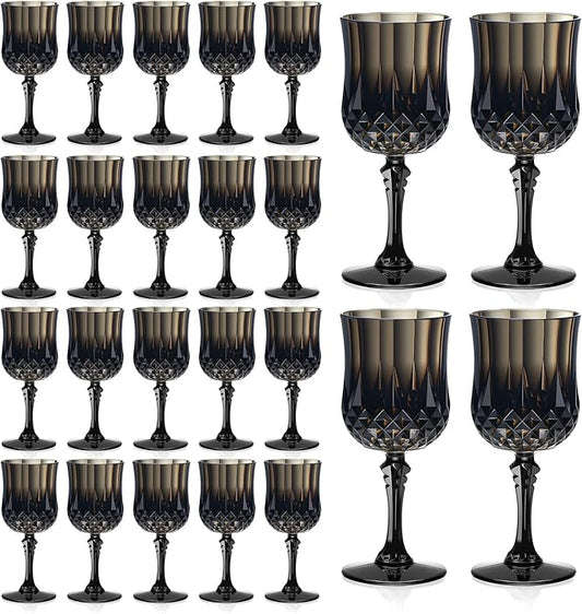 XUWAIDSGN 7oz Plastic Vintage Wine Glasses Drinking Glasses Unbreakable Wedding Glassware Crystal Water Goblets Reusable Drinkware Vintage Champagne Flutes (24, Black)