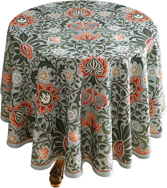 French Tablecloth for Round Tables,Linen Table Cloth with Colorful Flowers Pattern,Heavy Durable Table Cover for Dining Thanksgiving Kitchen Decor Party Christmas,Diameter 55"