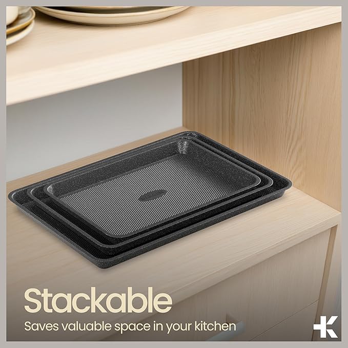 BAKKEN Kitchen Baking Pans - Nonstick Gray Coating, 13.58’’ × 9.65’’ Commercial Grade Carbon Steel Cookie Sheet, Diamond Texture Bottom, PFOA, PFOS, PTFE Free, Oven Safe Tray (450°F), Gray Marble