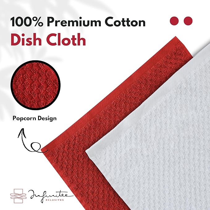 Infinitee Xclusives Premium Dish Cloth 100% Cotton 12 x 12 Inches |Pack of 4| - Ultra Soft Tea Towels - Highly Absorbent Kitchen Rags - Terry Dishcloth for Kitchen and Household Cleaning |Red|