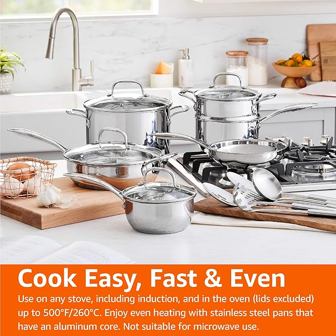 Amazon Basics Stainless Steel Cookware 15-Piece Set, Oven Safe, Pots and Pans, Induction-Ready, Even Heating, Easy to Clean, Heavy Duty, Silver