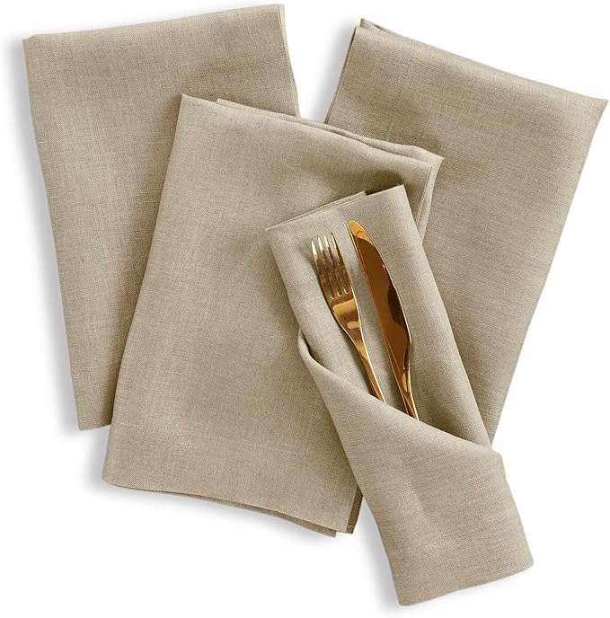 Solino Home Linen Napkins Set of 4-100% Pure Linen Vintage Khaki Dinner Napkins Cloth 20 x 20 Inch for Fall, Autumn, Thanksgiving - Fete, Handcrafted and Machine Washable