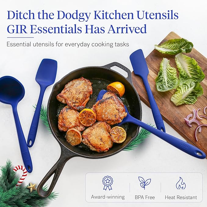GIR: Get It Right - 5 Piece Essentials All Purpose Set - Ladle, Spatula, Flip, Spoon & Spoonula, Non-stick, Heat Resistant, Dishwasher Safe, Kitchen Utensils, Baking Supplies - Royal Blue