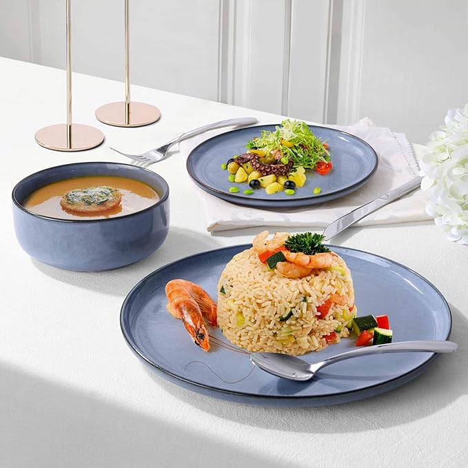Herogo 12 Pieces Stoneware Dinnerware Set Service for 4, Dinner Plates and Bowls Sets, Double Reactive Glaze Dishes Set for Kitchen, Scratch Resistant, Microwave & Dishwasher Safe, Haze Blue
