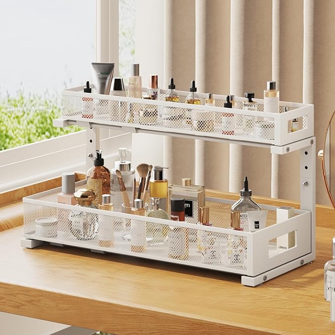 2 Pack 20.47IN Depth Under Sink Storage Organizer, Large 2-Tier Elegant Mesh Pull Out Shelf for Kitchen and Bathroom Cabinet Organization, L-Shaped and Adjustable Height Design-White